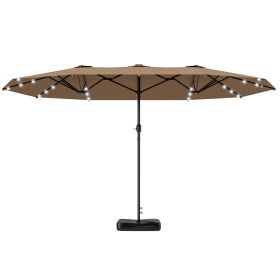 Garden Parasol 14.4 ft. Double-Sided Sun Umbrella with Base, Patio Parasol with LED Solar Lights, Khaki