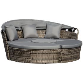 4-Piece Round Convertible Daybed with Cushions, Outdoor PE Rattan Patio Wicker Sofa Set, Sunbed with Adjustable Sun Canopy, Sectional Sofa, 2 Chairs,