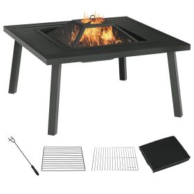 34" Fire Pit with Grill, Metal Outdoor Wood Burning Firepit with Spark Screen, Fire Poker, Cover, Table Lip, Black