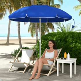 5.7 Beach Umbrella For Travel With Tilt, Adjustable Height, 2 Cup Holders, Hooks, Vent, Ruffles, Sapphire Blue