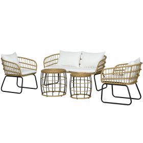 5 Piece PE Rattan Outdoor Furniture Set with Cushioned Chairs, Loveseat Sofa & Stackable Coffee Tables, Cream White