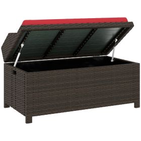 Outdoor Wicker Storage Bench with Storage & Cushion, Red