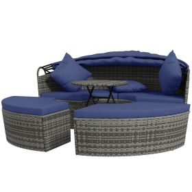 4 Piece Round Rattan Daybed Furniture Set, Canopy, Outdoor Sofa, 2 Chairs, Extending Table Ottoman Chair, Pillows, Blue