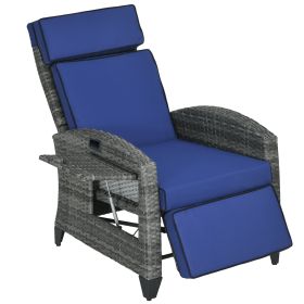 Outdoor Recliner Chair with Cushions, Reclining Patio Lounge Chair with Adjustable Footrest, Armrests, Tray Table, Blue