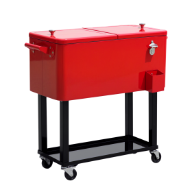 80 QT Rolling Cooling Bins Ice Chest on Wheels Outdoor Stand Up Drink Cooler Cart for Party, Red