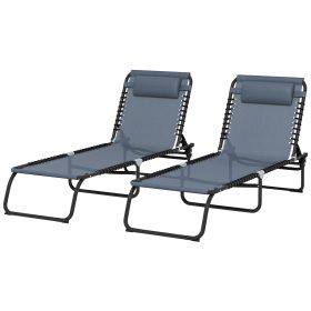 2 Folding Chaise Lounge Pool Chairs with 4-Position Reclining Back, Pillow, Breathable Mesh & Bungee Seat, Gray