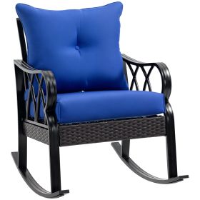 Outdoor Wicker Rocking Chair with Padded Cushions, Aluminum Furniture Rattan Porch Rocker Chair w/ Armrest for Garden, Patio, and Backyard, Blue