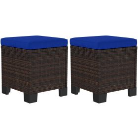 2 Piece Wicker Outdoor Ottomans with Cushions, Rattan Ottoman Footrest and Side Table for Patio, Yard, Poolside, Dark Blue