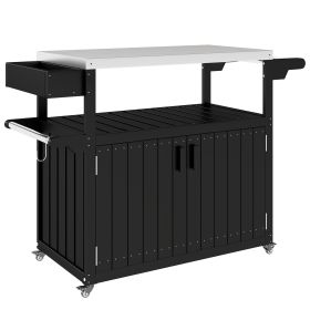 Outdoor Bar Cart with Storage, Stainless Steel Outdoor Bar Table Top, Wheeled HDPE Kitchen Island for Food Prep, Black