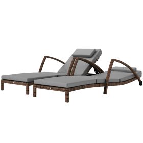 Set of 2 Wicker Chaise Lounge Chair Outdoor Patio Lounger with 5 Adjustable Back, Wheels, Cushion, and Armrests, Gray