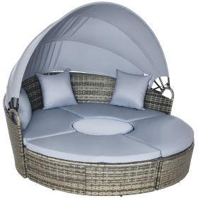 4 Piece Round Rattan Daybed, Convertible Patio Furniture Set, Adjustable Sun Canopy, Sectional Outdoor Sofa, 2 Chairs, Extending Tea Table Ottoman Ch