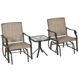 3 Piece Outdoor Glider Chair with Coffee Table Bistro Set, 2 Patio Rocking Swing Chairs with Breathable Sling Fabric, Glass Tabletop, for Backyard, G (Option: Brown-1170x645x215 mm)